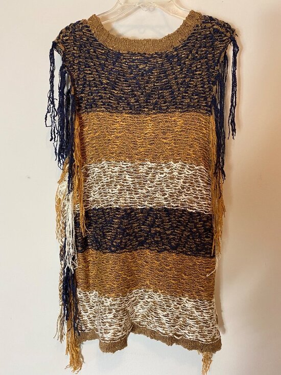 Miss Me Vintage Tops - Vintage Miss Me Fringe Knit Sleeveless Tunic Top Striped Brown Navy White Small